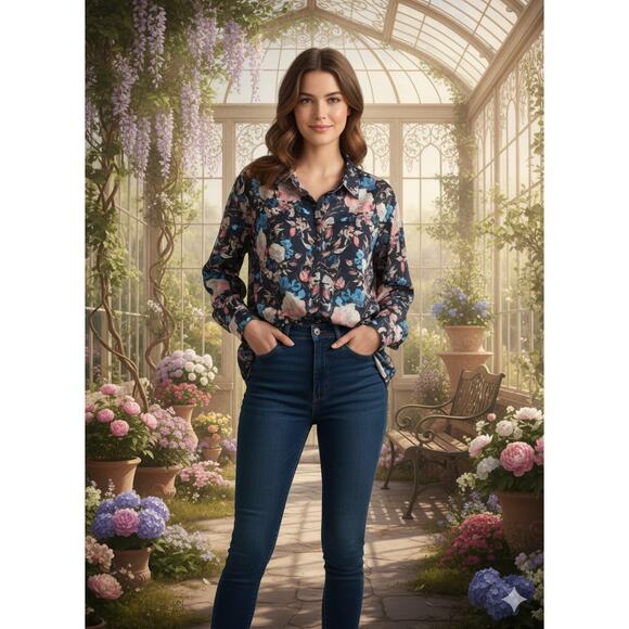 Torrid Womens 3X Feminine Romantic Gothic Whimsigoth Floral Satin Button Blouse - Picture 2 of 12